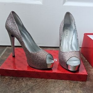 GUESS Women's Sparkling Peep Toe Heels - Silver and Pink